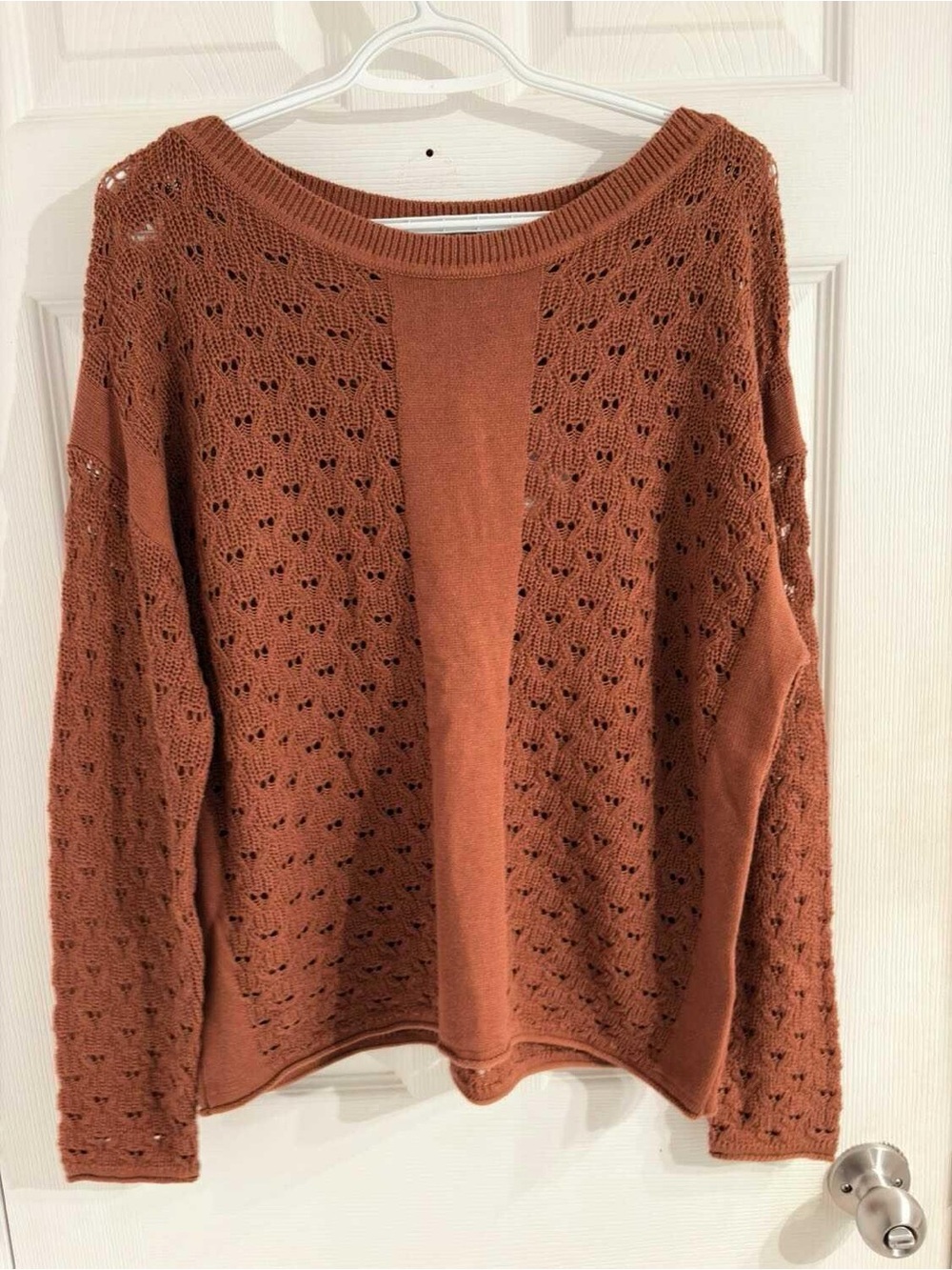 Women's Open-Knit Scoop Neck Sweater in Rust
